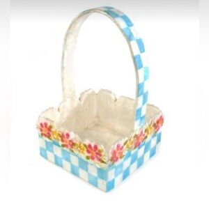 MacKenzie-Childs Capiz Shell Basket Sky Blue Gingham Floral Handle Retired Rare